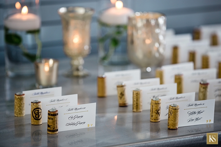 Waterview Loft Wedding Reception, Detroit Wedding Venues, Wine cork placecards